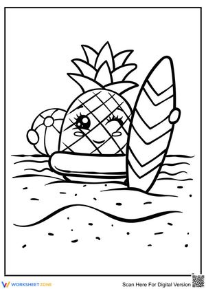 Pineapple with surfboard on beach