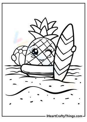 Pineapple with surfboard on beach
