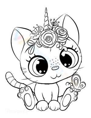 Cute Caticorn with Flowers Kawaii Coloring