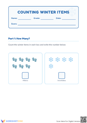 Printable Counting Winter Items Worksheet | Grade K-1