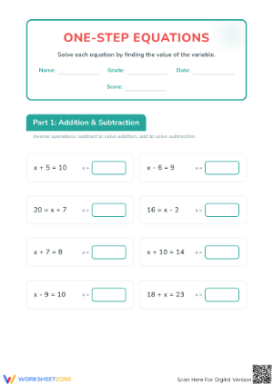 Printable One-Step Equations Worksheet | Grade 6 Math