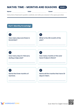 Essential Grade 3 Time: Months and Seasons Worksheet