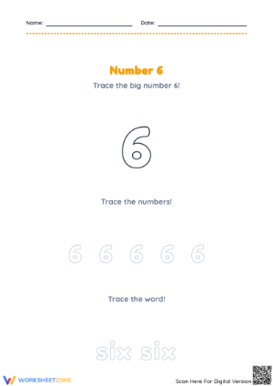 Printable Number 6 Worksheet for Kindergarten Math