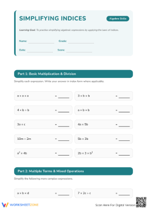 Printable Simplifying Indices Worksheet | Grade 8 Maths