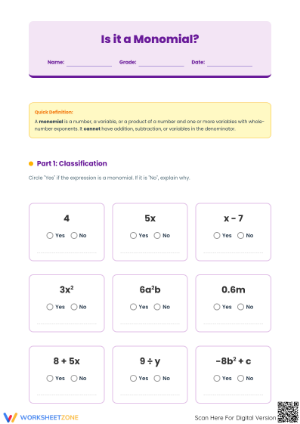 Printable Is It a Monomial? Worksheet | Algebra 1 Ready