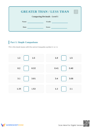 Essential Comparing Decimals Worksheet | Grade 5 Math