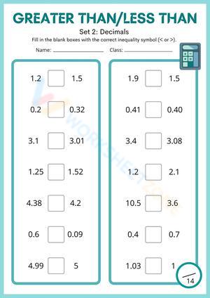 Pastel Blue Decimal Inequalities Maths Worksheet