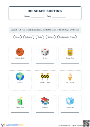 3D Shape Sort Worksheet | Grade 1 Math Printable