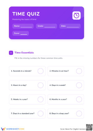 Printable Time Quiz Worksheet | Grade 3 Math Essentials