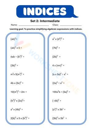 Blue Minimalist Simplifying Indices Maths Worksheet