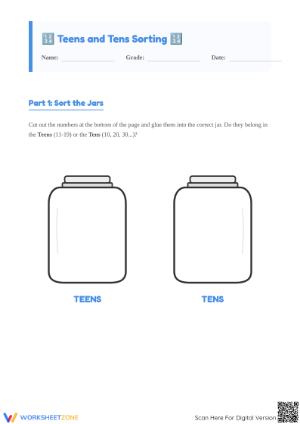 Printable Teens and Tens Sorting Worksheet | Grade 1 Math