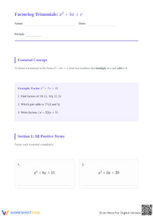 Factoring Trinomials Worksheet | Grade 9 Printable Math