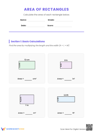 Area of Rectangles Math Worksheet | Printable Grade 4 Ready