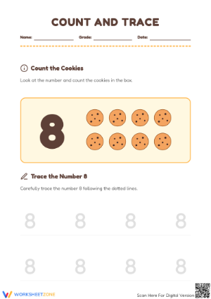 Printable Number 8 Counting and Tracing Worksheet | Grade K