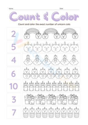 Count & Color Unicorn Cats Worksheet Set 