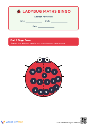 Printable Ladybug Maths Bingo: Grade 1 Addition Worksheet