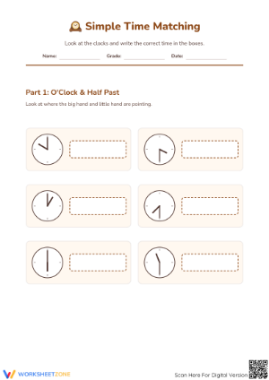 Printable Simple Time Matching Worksheet | Grade 1 Math