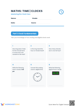 Grade 3 Time Clocks Worksheet | Essential Printable Math