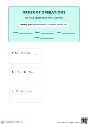 Essential Decimal Order of Operations Worksheet | Grade 6