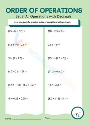 Green Minimalist Decimal Order of Operations Maths Worksheet