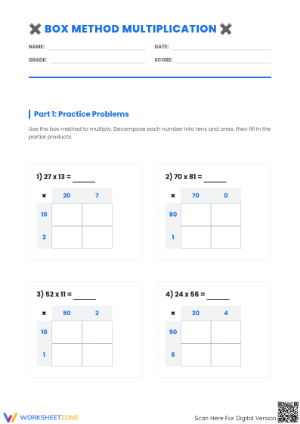 Printable Box Method Multiplication Worksheet | Grade 4 Math