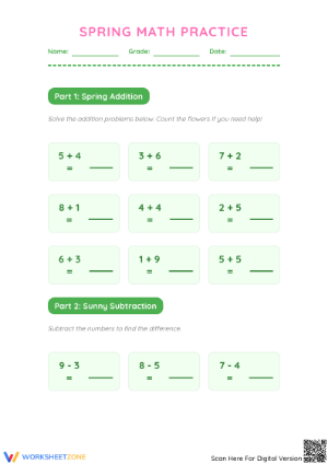 Spring Math Practice Worksheet | Grade 1 Printable