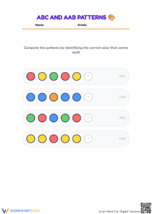 Essential Patterns Worksheet: ABC & AAB — Kindergarten Math