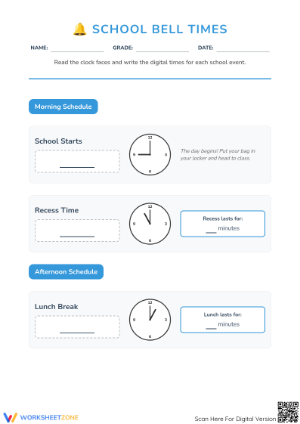 Essential School Bell Times Worksheet | Grade 3 Math