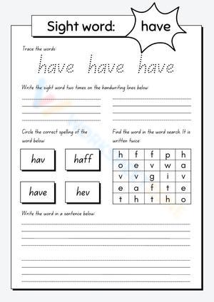 Sight Words Spelling Worksheet | Grade 1 Essential