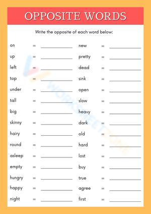Grade 1 Opposite words worksheet