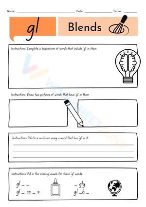 gl Word Blends Worksheet | Grade 1 Printable