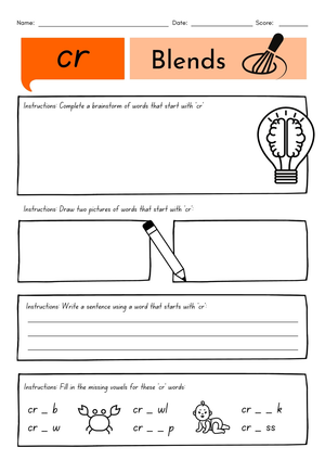 CR Blends Printable Worksheet | Grade 1 ELA