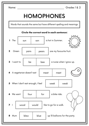 Grade 1-2 Homophones — Printable No-Prep Worksheet