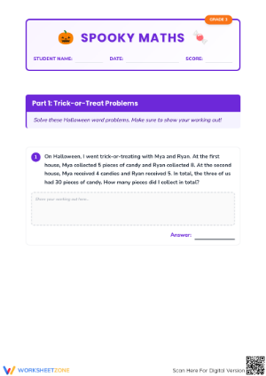 Essential Grade 3 Spooky Maths Word Problems Worksheet
