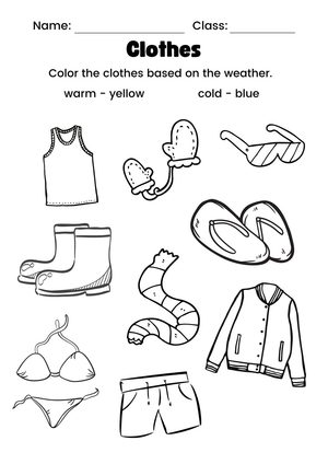 Essential Clothes & Weather Coloring Worksheet | Grade K