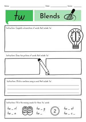 "tw" Word Blends Worksheet | Grade 1 Essential Phonics