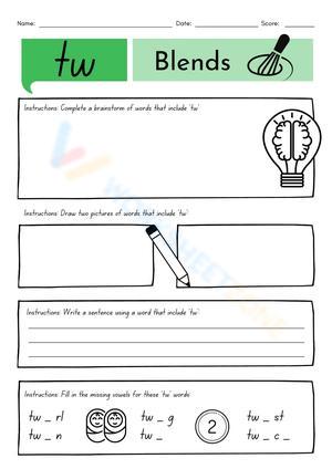 "tw" Word Blends Worksheet | Grade 1 Essential Phonics