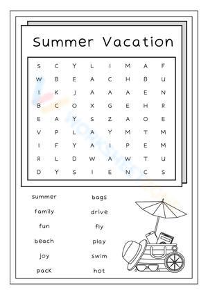 Summer Vacation Word Search Worksheet