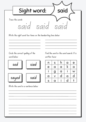 Sight Word "Said" Worksheet | Grade 1 Printable Ready