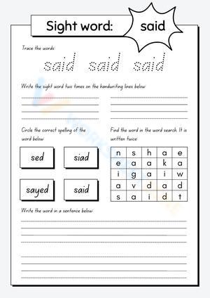 Sight Word "Said" Worksheet | Grade 1 Printable Ready