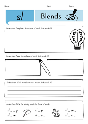 Grade 1 sl Blends — Printable No-Prep Worksheet