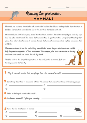 Mammals Reading Comprehension | Grade 3 Printable