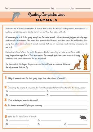 Reading Comprehension: Mammals Worksheet