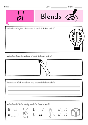 Grade 1 Word Blends bl — Printable No-Prep Worksheet