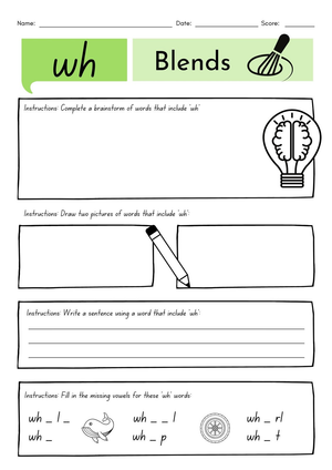 WH Digraphs & Blends Printable Worksheet | Grade 1