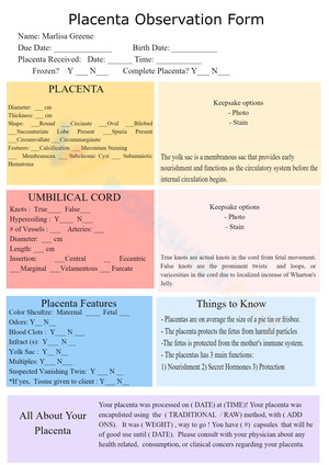 Placenta Observation Form | Essential Biology Worksheet