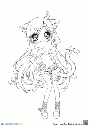 Kawaii Cat Girl Anime Chibi Coloring Page for Kids
