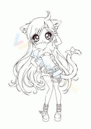 Kawaii Cat Girl Anime Chibi Coloring Page for Kids
