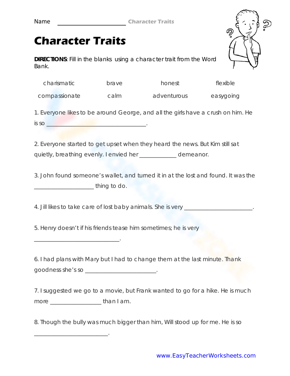 Character Traits Worksheet