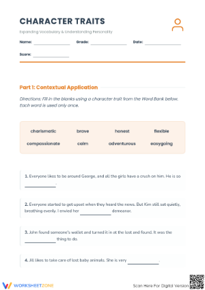 Character Traits Worksheet | Printable Grade 4 ELA